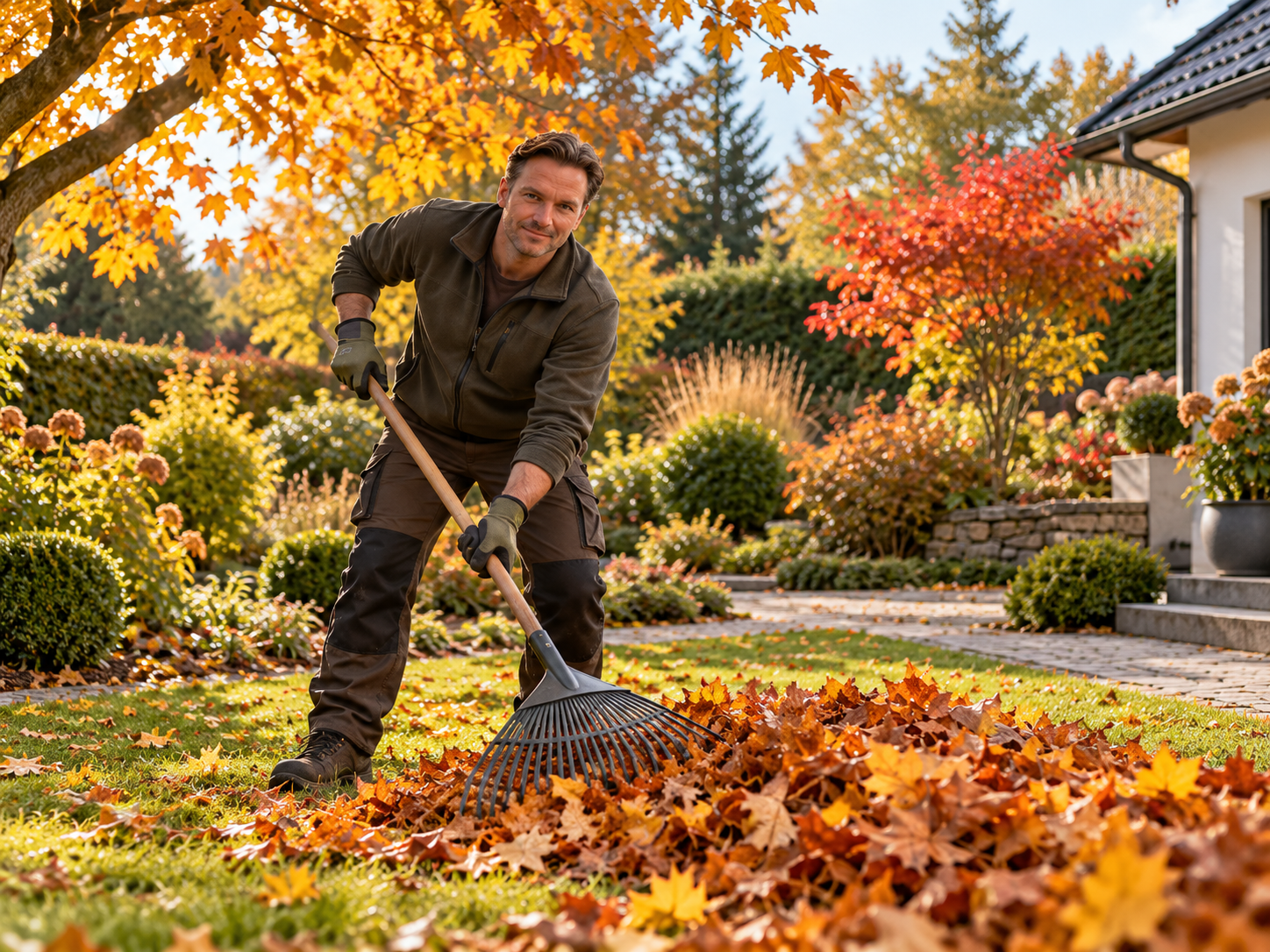 Laub- und Grundstückspflege im herbstlichen Garten